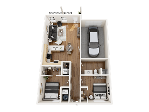 A top-down view of a small apartment with a car parked outside.